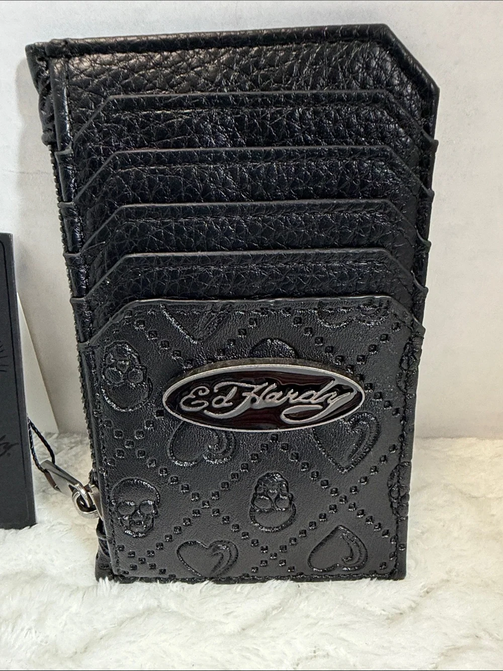 Ed Hardy Black Embossed Leather Cardholder with Logo Plate